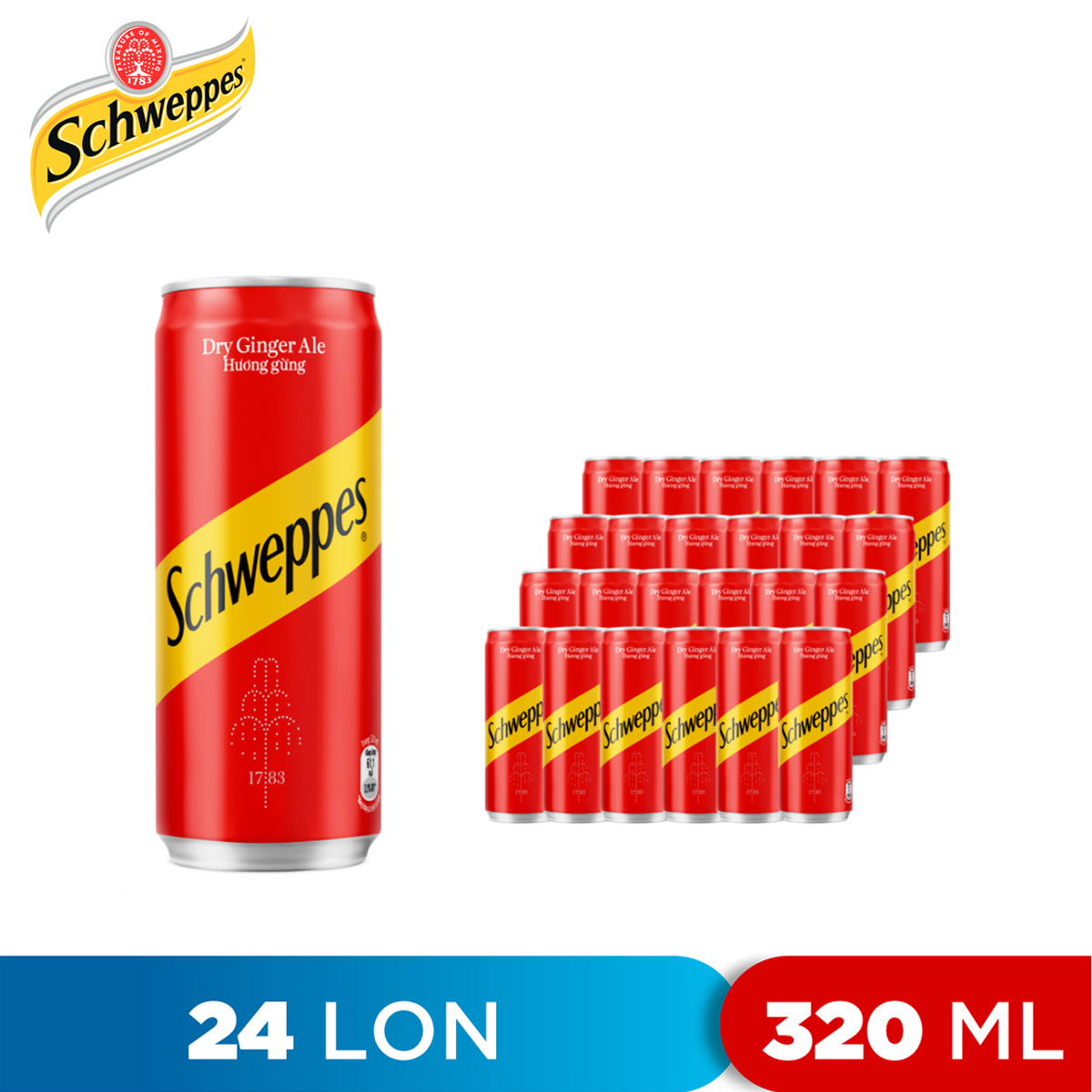 THÙNG 24 LON NƯỚC SODA HƯƠNG GỪNG DRY GINGER ALE SCHWEPPES 320ML