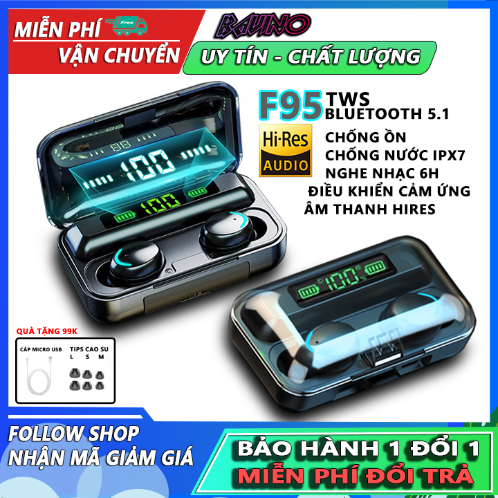 Tai nghe bluetooth 5.0 F95 kiêm sạc dự phòng, chống ồn, chống nước, âm thanh hires, tai nghe không dây có màn hình LED hiển thị