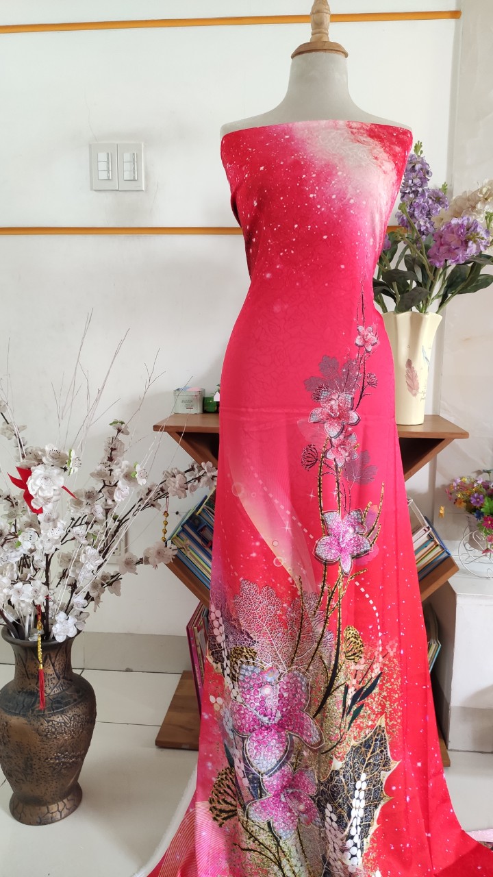 Vải áo dài cao cấp hoạ tiết hoa đính đá
