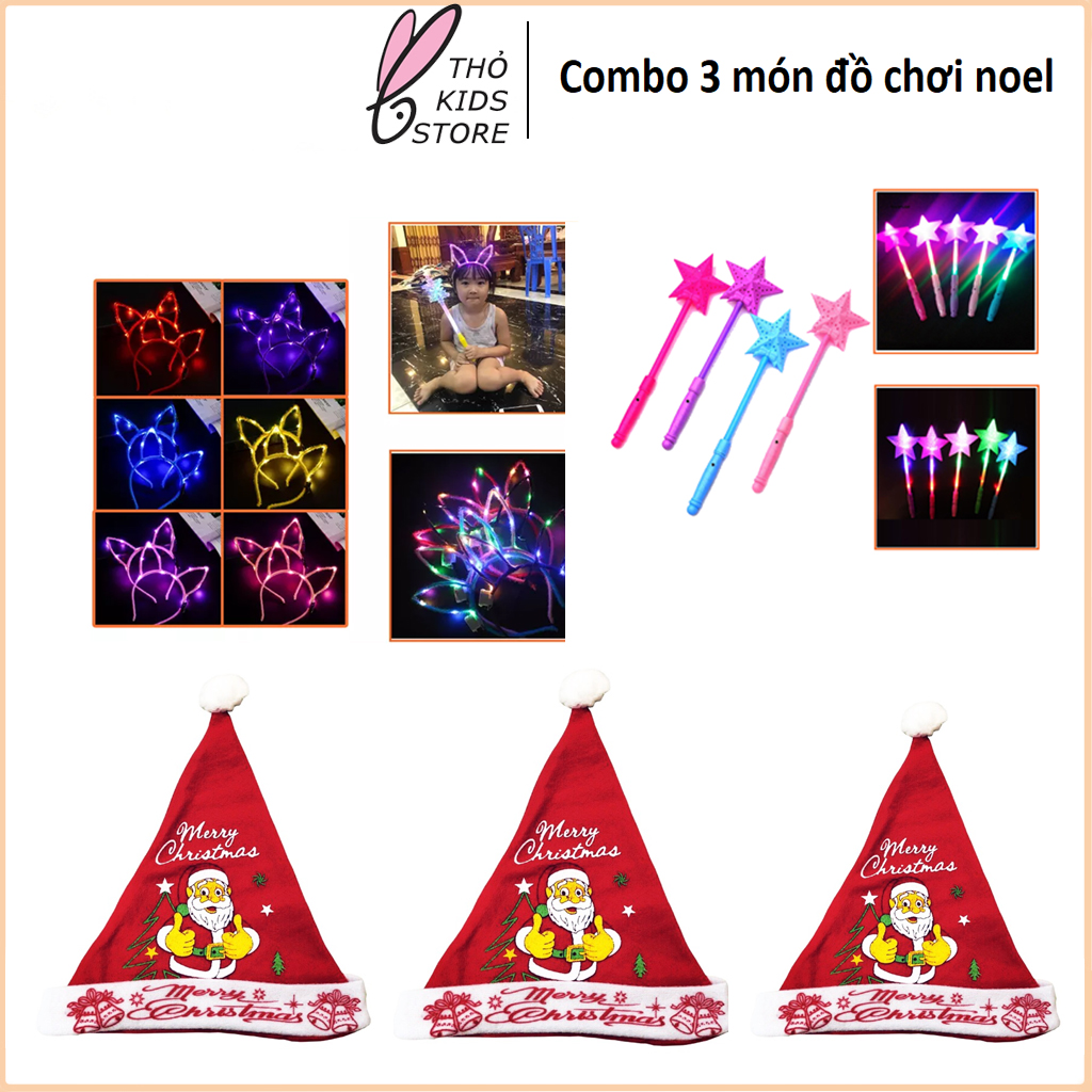 Combo 3 món đồ chơi noel Mũ+bờm tóc tai thỏ+đen led cầm tay