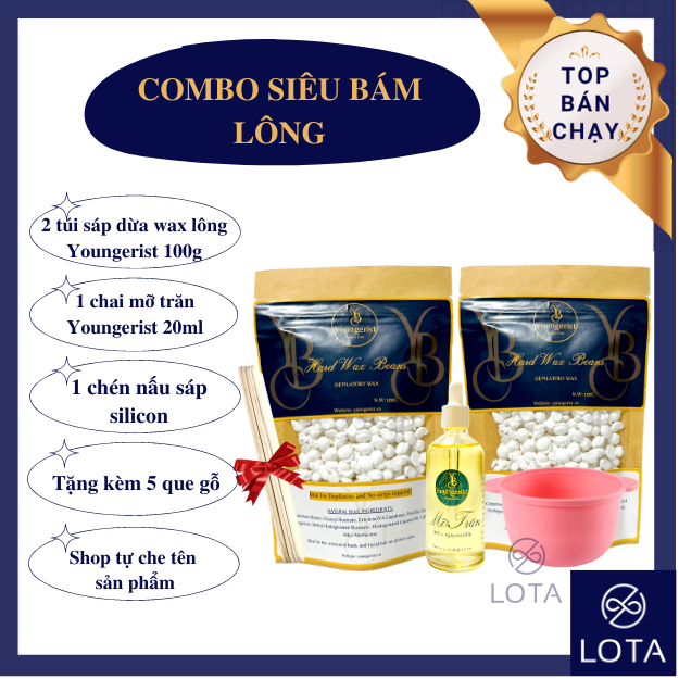 COMBO SIÊU BÁM LÔNG gồm 2 bịch sáp dừa wax lông siêu dẻo, mỡ trăn nguyên chất triệt lông, chén silicon chống dính sáp waxing nách tay chân tiện lợi tại nhà hạt wax siêu dẻo LOTA SHOP