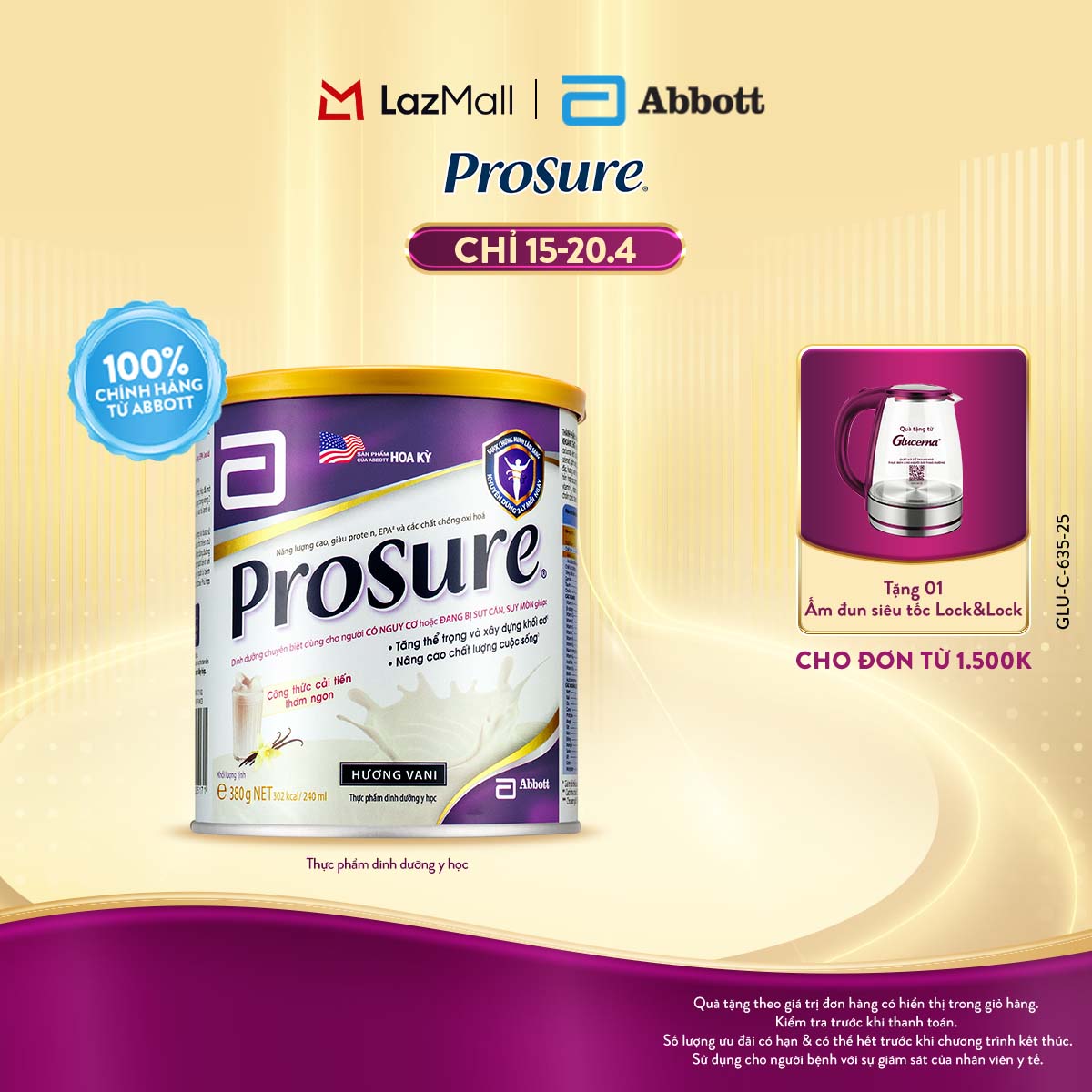 [CHỈ 15-20.04 QUÀ TẶNG CHO ĐH 1500K-SLCH] Lon Sữa Bột Abbott Prosure Vanilla PROS Dùng Cho Người Có Nguy Cơ Hoặc Đang Bị Sụt Cân Suy Mòn (380g)