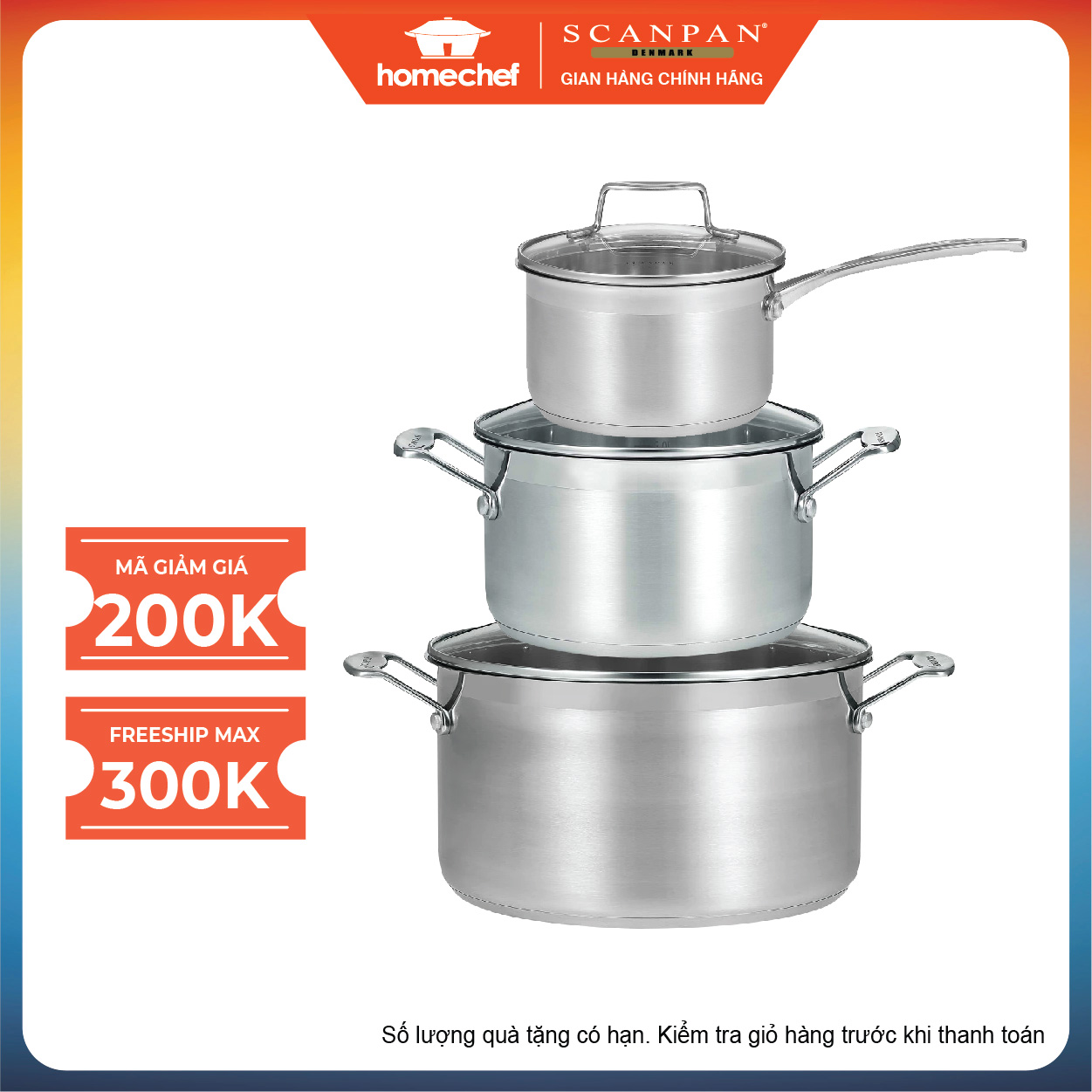 Bộ nồi inox scanpan impact 3 chi tiết dùng bếp từ 16/18/20cm, thiết kế đáy 3 lớp, inox 18/10 an toàn cho sức khỏe - 71070000