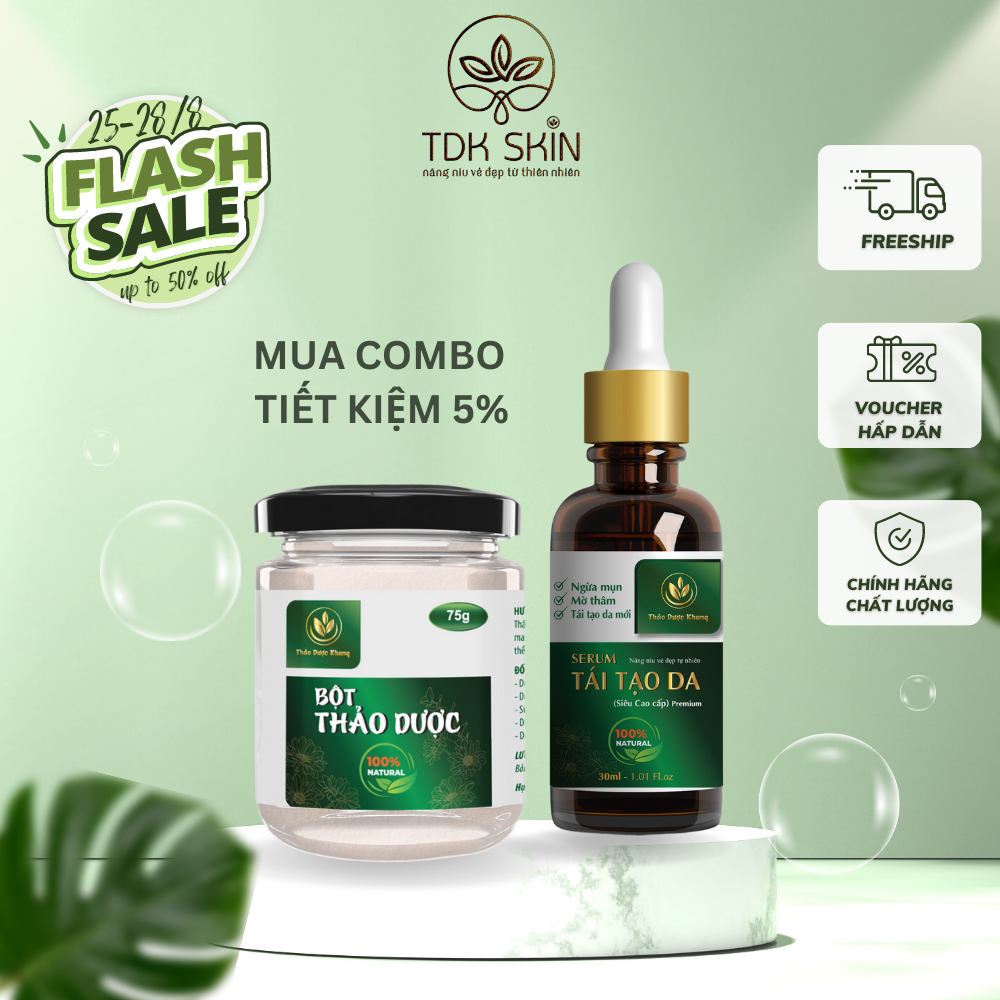 Combo Bột Thảo Dược + Serum Tái Tạo Da Thảo Dược Khang cải thiện sẹo rỗ, mụn lâu năm - liệu trình chăm sóc da TDK SKIN