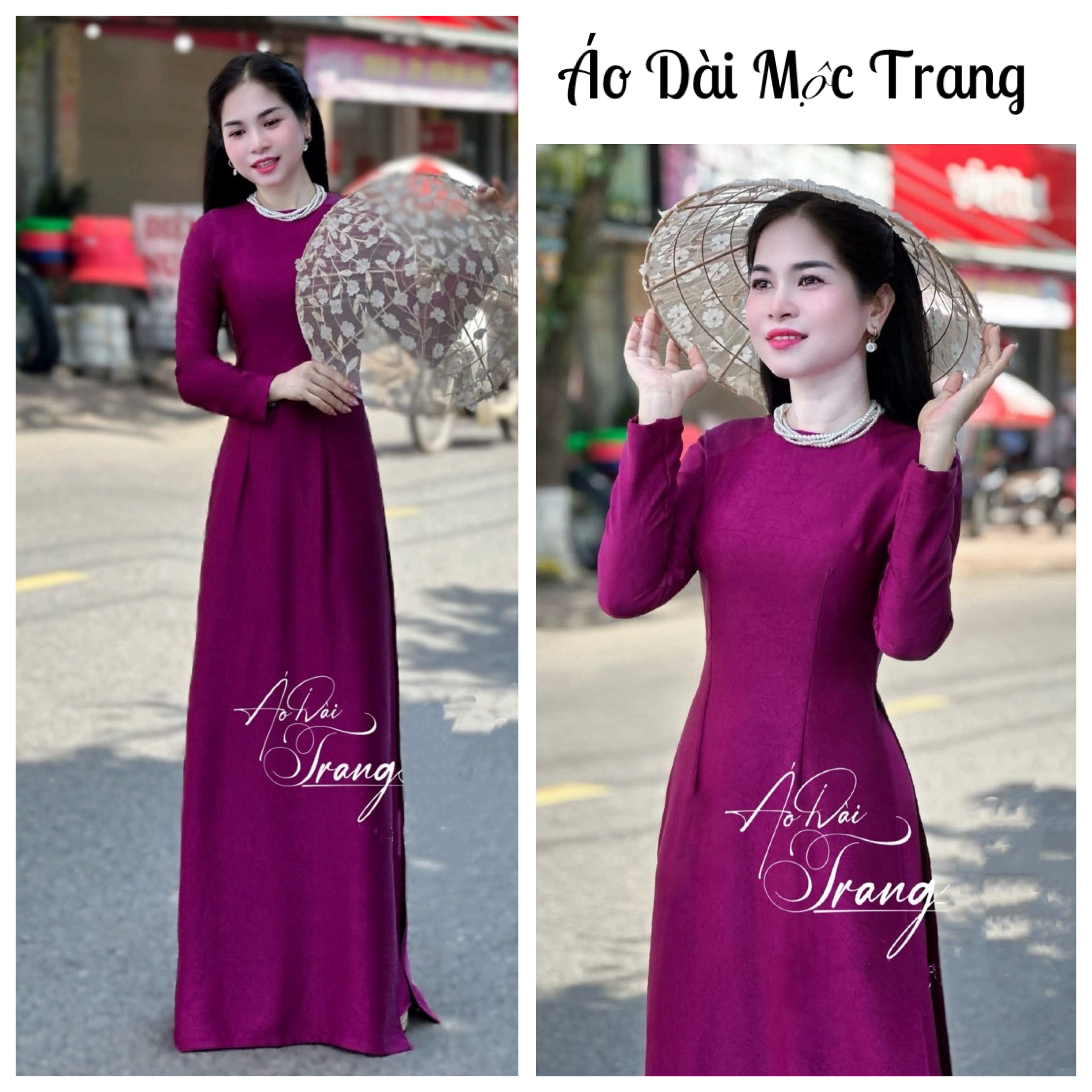 Áo Dài Truyền Thống Lụa Hà Lan Tà A Cổ Kiềng - Cổ 3cm màu Tím Củ Dền ,Đẹp sang trọng