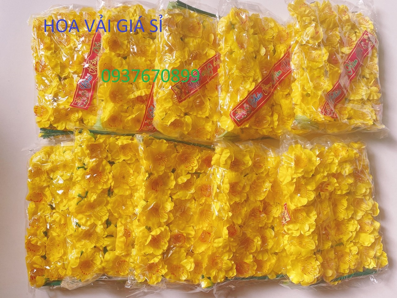 Combo 10 bịch mai, đào giả bằng vải trang trí tết-40 bông/ bịch-400 bông+150 kẽm+10 lá+10 búp