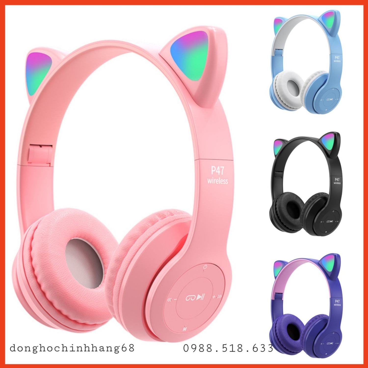Tai Nghe Mèo Bluetooth P47M, Tai Mèo Dễ Thương Có Mic, Âm Bass Mạnh Mẽ Nghe Nhạc Cực Hay Bảo Hành 1 Năm