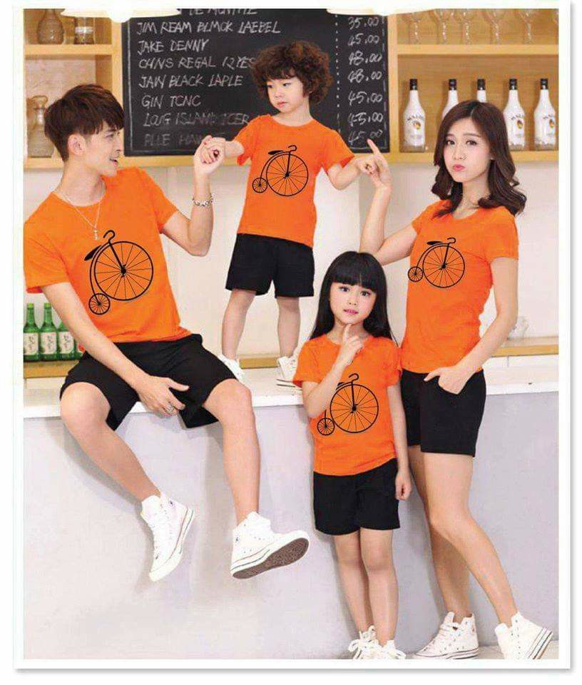 Đồ gia đình 3/4/5 người màu cam mẫu XE ĐẠP cute chất cotton mềm mịn đủ size từ 6-90kg