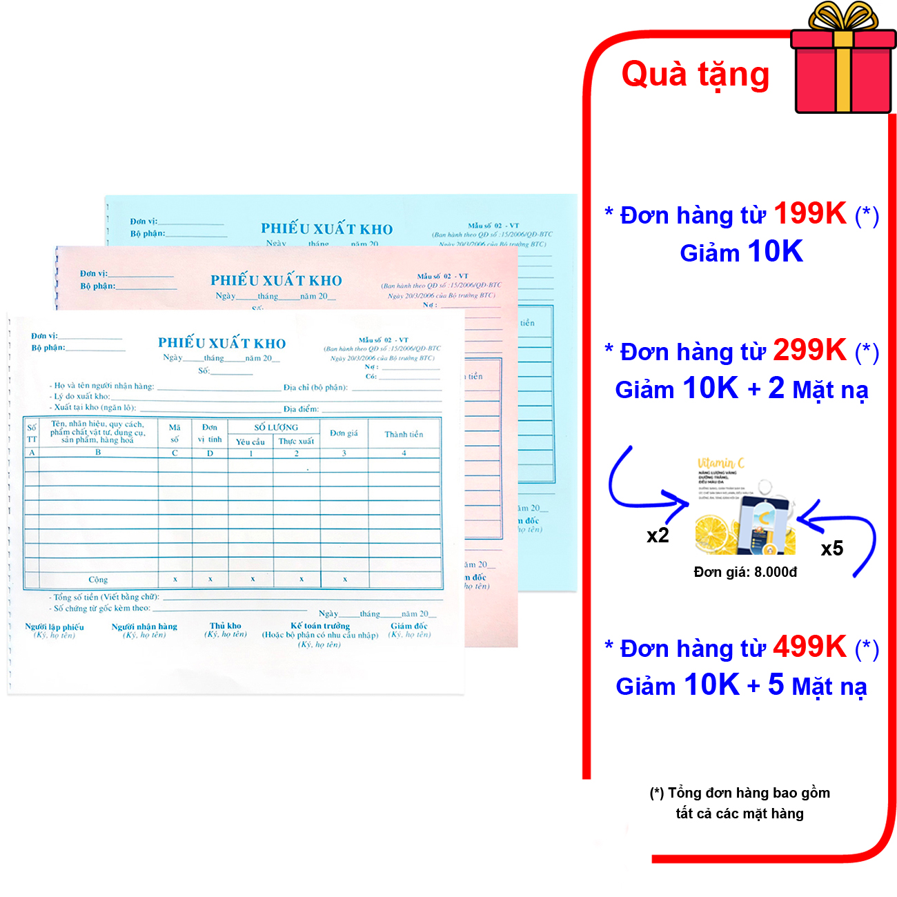 10 cuốn phiếu xuất kho 3 liên trắng/hồng/xanh 16x20 - 50 bộ