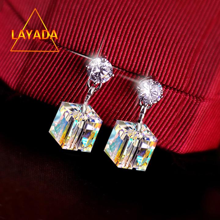 Bông Tai nữ đính đá zircon pha lê swaroki vuông cao cấp - LAYADA