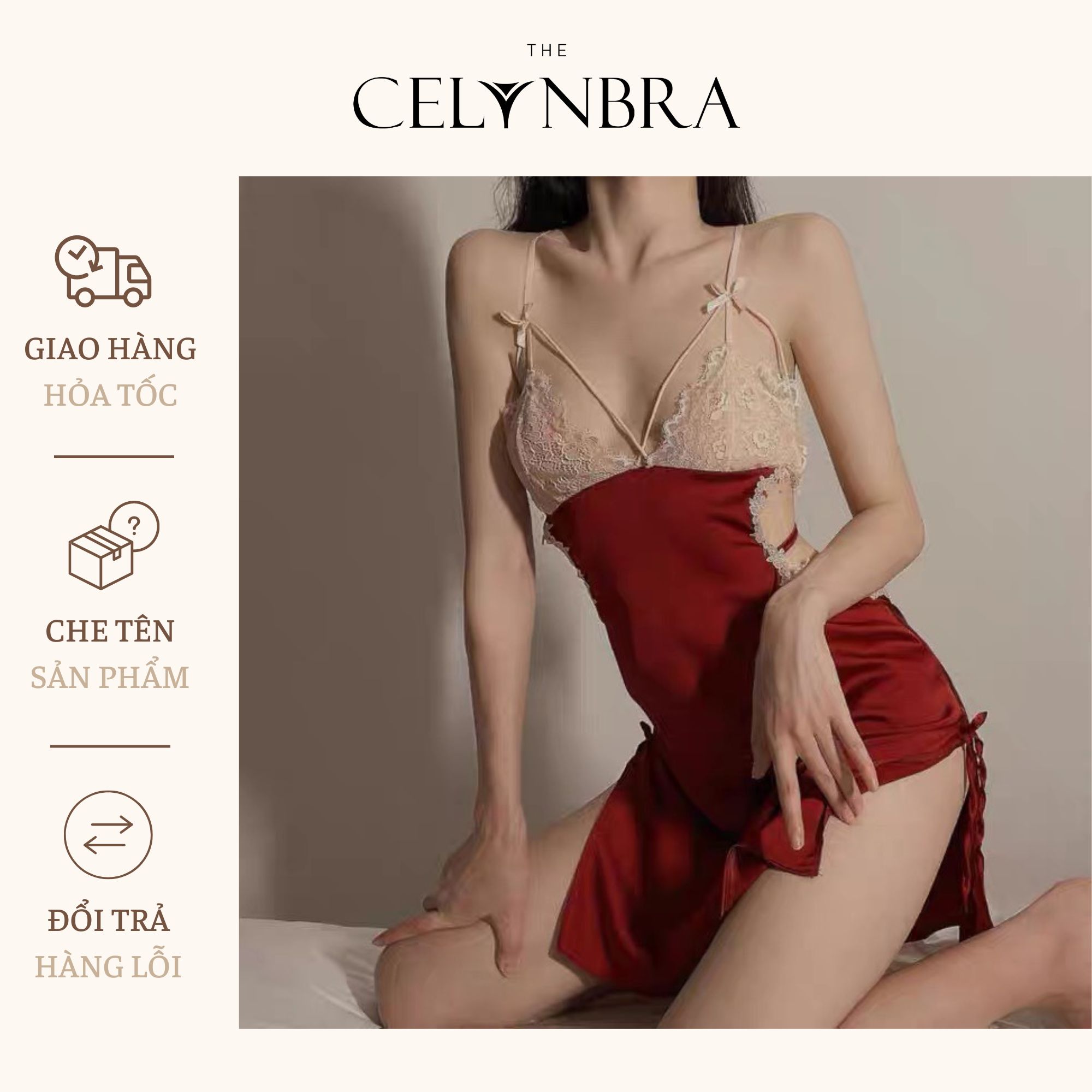 Váy ngủ sexy họa tiết phối ren dây đan chéo khoét eo xẻ đùi gợi cảm THE CELYNBRA - V3