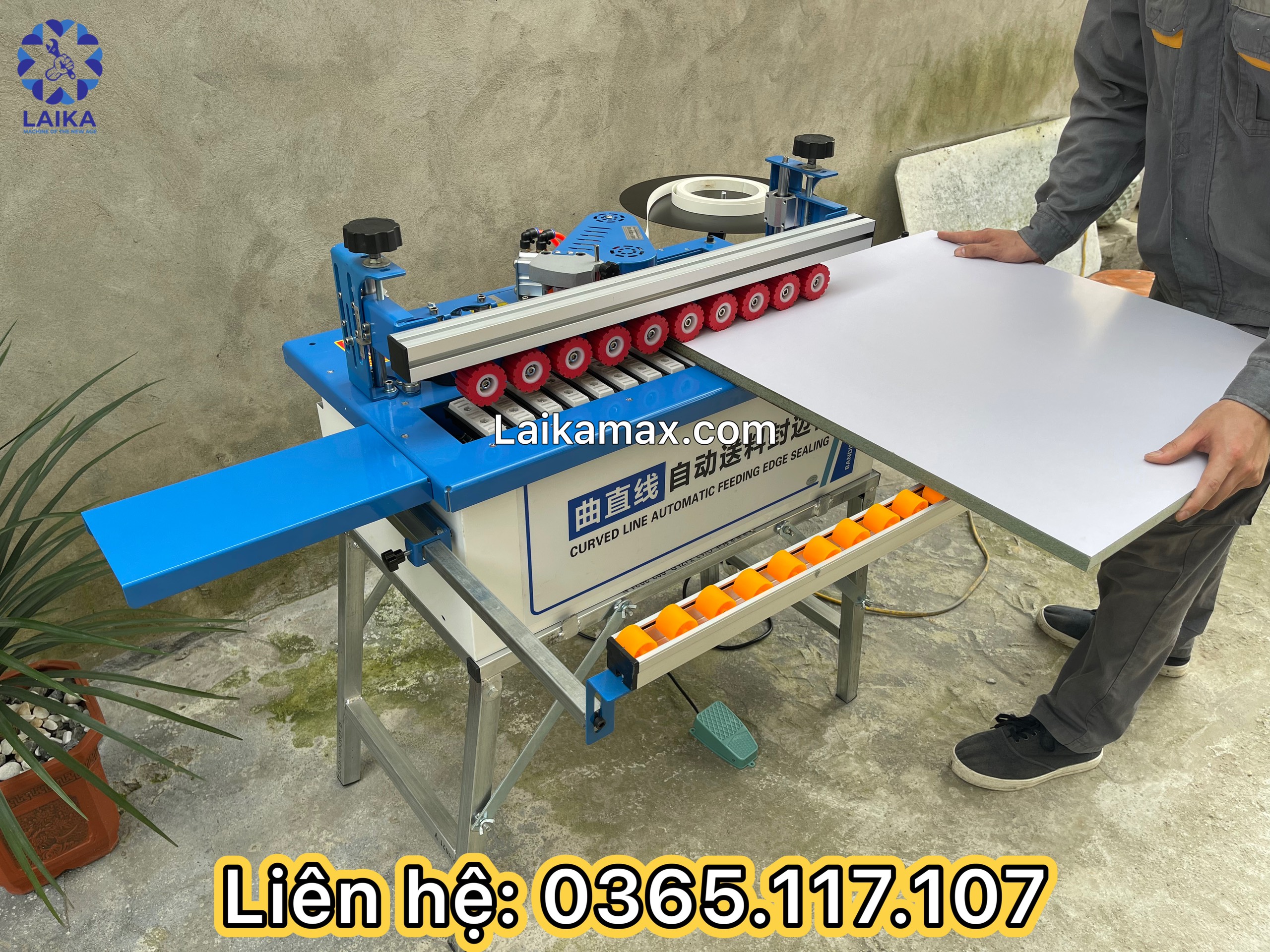Máy dán cạnh gỗ 3 chức năng mini DW590 dán, cắt chỉ khi hết ván, tự động đẩy phôi