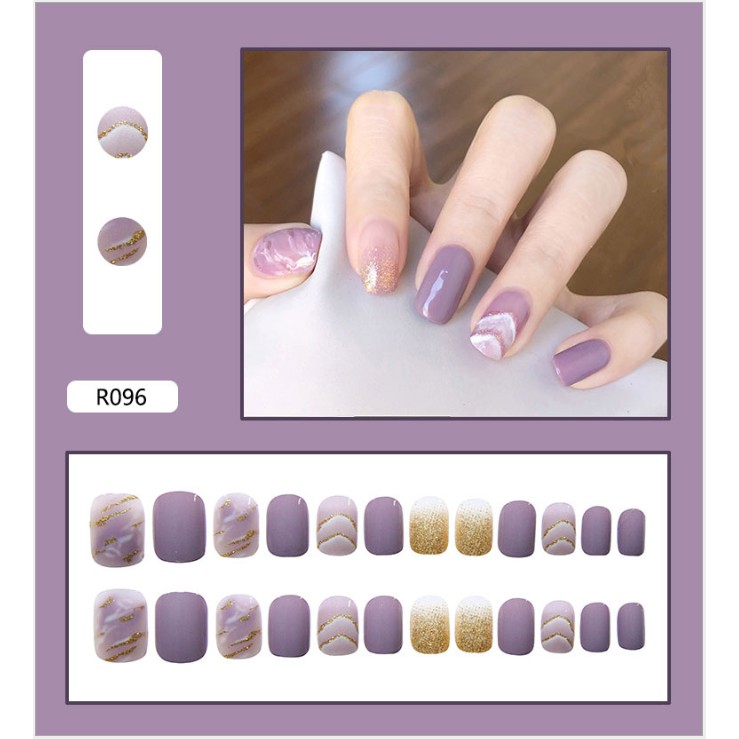 Móng Giả Có Keo LCR096 Tím Trắng Vân Nhũ Vàng- Nails 24 móng tay giả giá rẻ, tự dán móng tại nhà