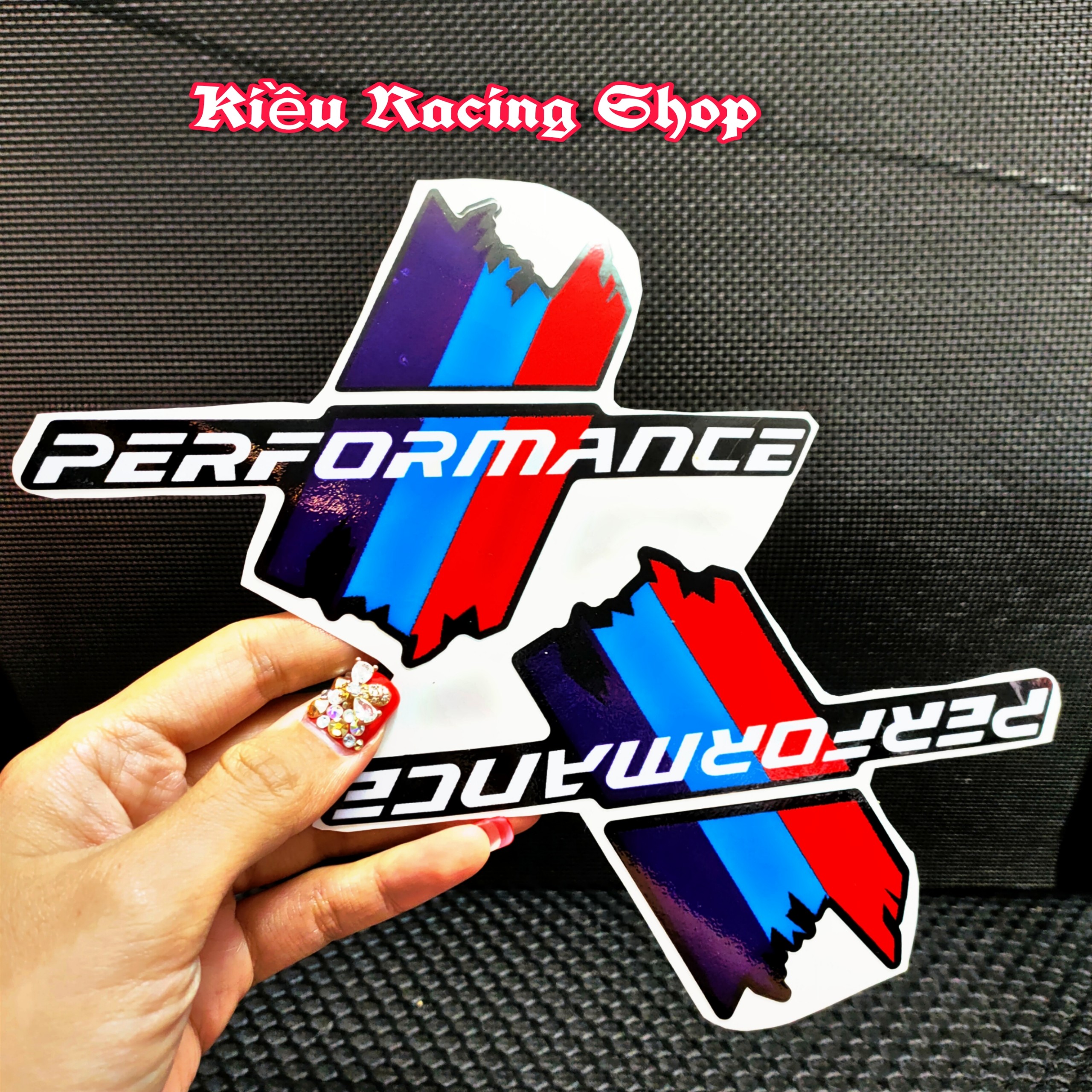 Tem xe chữ performance sọc màu dán được cho mọi loại xe