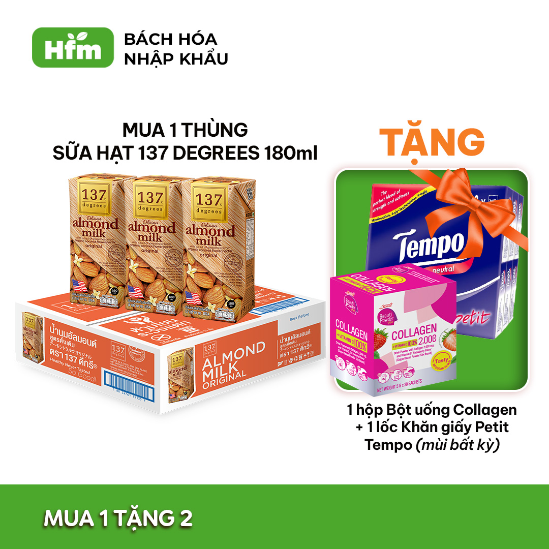 [MUA 1 THÙNG TẶNG 1 LỐC PETIT + 1 HỘP BỘT COLLAGEN] Thùng 36 Hộp Sữa hạt Hạnh Nhân Nguyên Chất 137 DEGREES 180ml, thành phần 99% từ hạt tươi