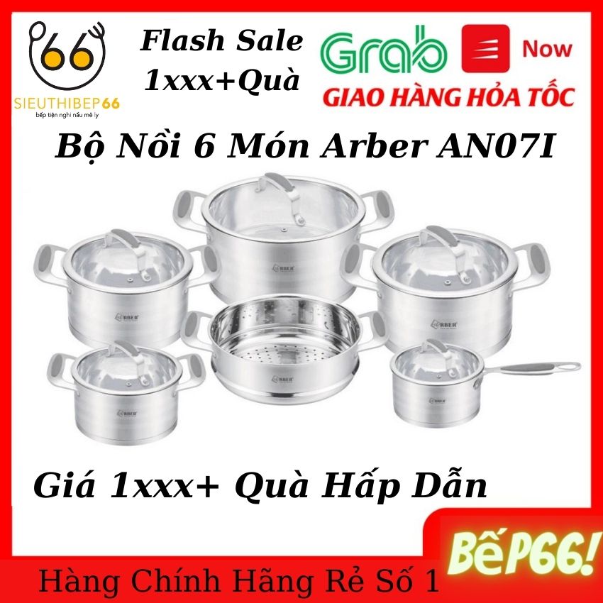 Bộ nồi inox 6 món arber an07i - công nghệ sản xuất đức, bộ nồi bếp từ đáy liền, chảo chống dính đáy từ cao cấp dùng cho bếp từ, bếp điện - siêu thị bếp 66