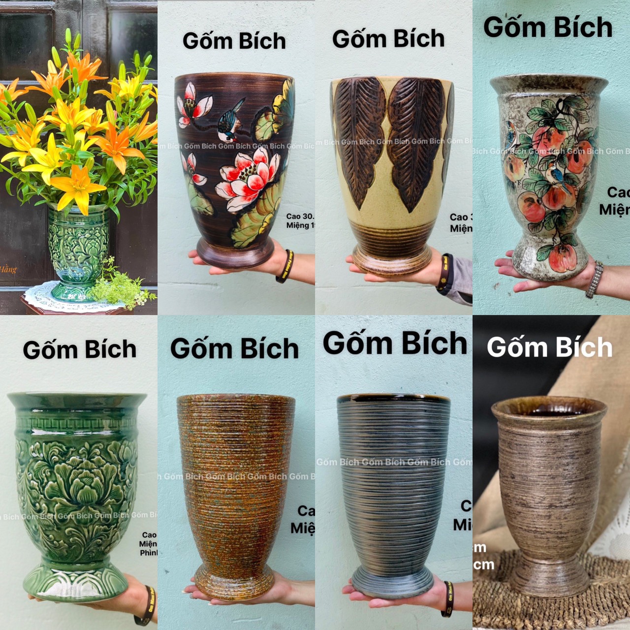 Bình hoa lọ hoa gốm dáng ly miệng rộng gốm sứ bát tràng - gốm bích