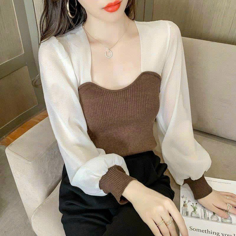 Áo thun nữ kiểu tay dài phối lưới - Chất thun gân co giản
