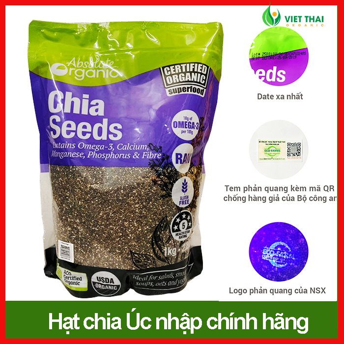 【NHẬP KHẨU】Hạt Chia Úc Absolute Organic Giảm Cân Ăn Sáng Ăn Kiêng Dinh Dưỡng Sạch Đẹp Date Mới Gói 1Kg (Việt Thái Organic)