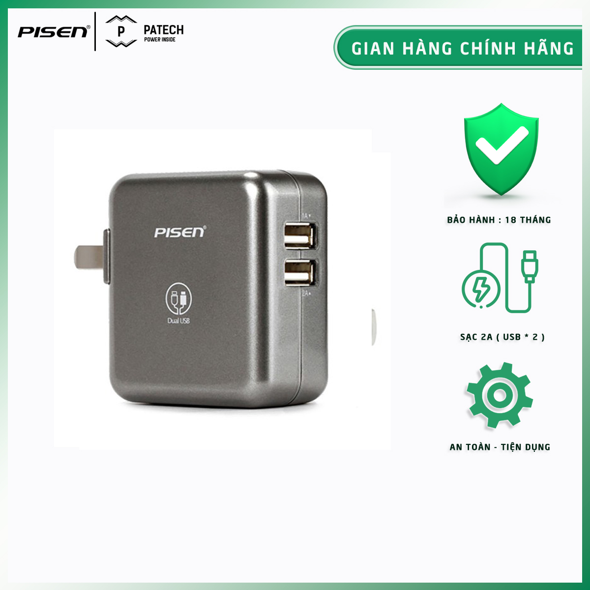[Nhập LAZSOCIAL giảm 10% đơn từ 99K tối đa 50K] Sạc Pisen Dual Port 2A, 2 cổng ra, công suất tối đa 15W, công nghệ sạc thông minh- Hàng chính hãng, bảo hành 18 tháng