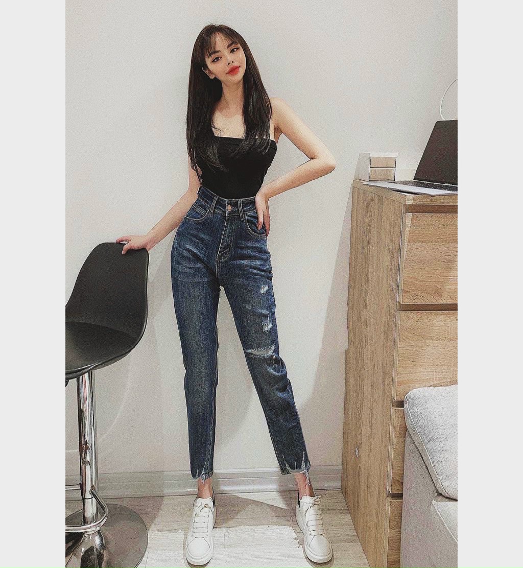 Quần Jean Nữ Lưng Cao Rách Xước Xinh xắn-JT