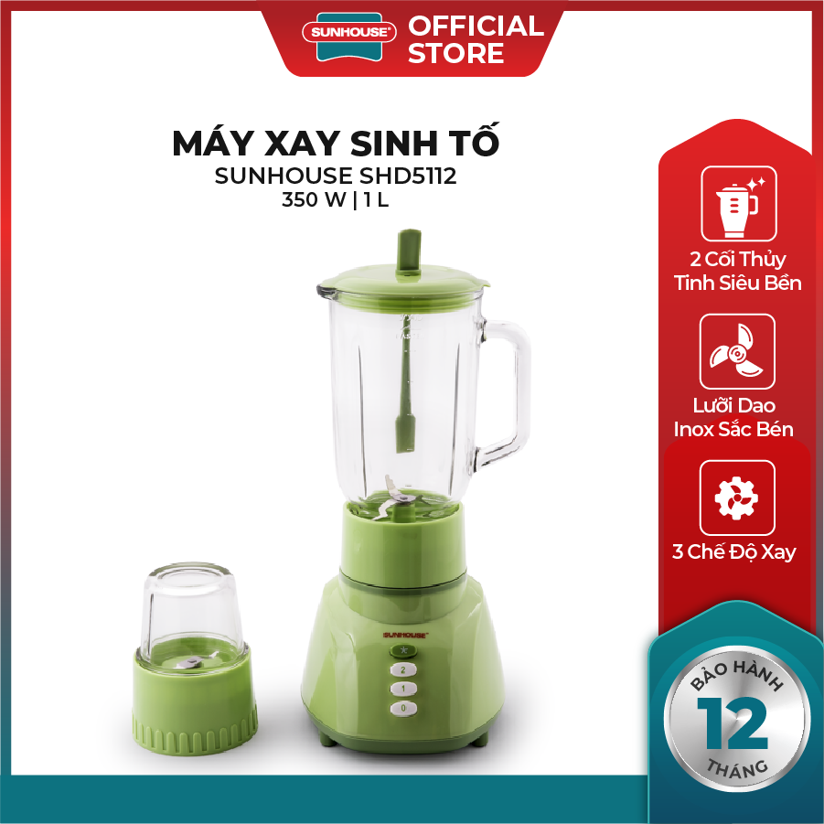 Máy xay sinh tố SUNHOUSE SHD5112 (Xanh) - Công suất 350W - Dung tích 1L - Bảo hành 12 tháng - Hàng chính hãng