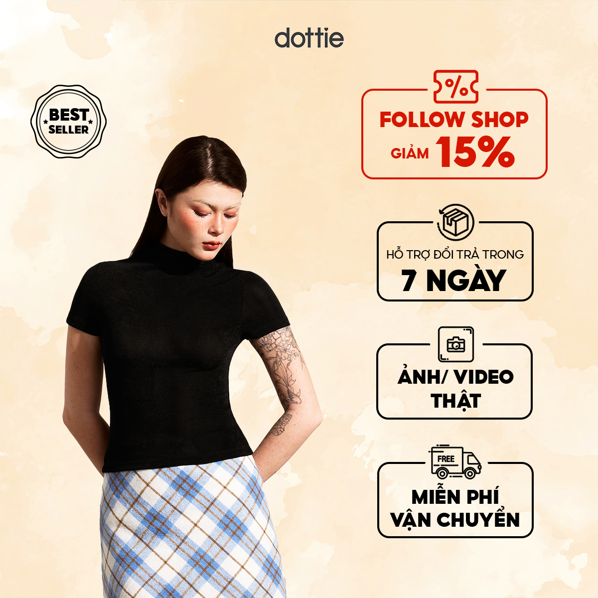 Dottie - áo cổ lọ tay ngắn - đen - t0833