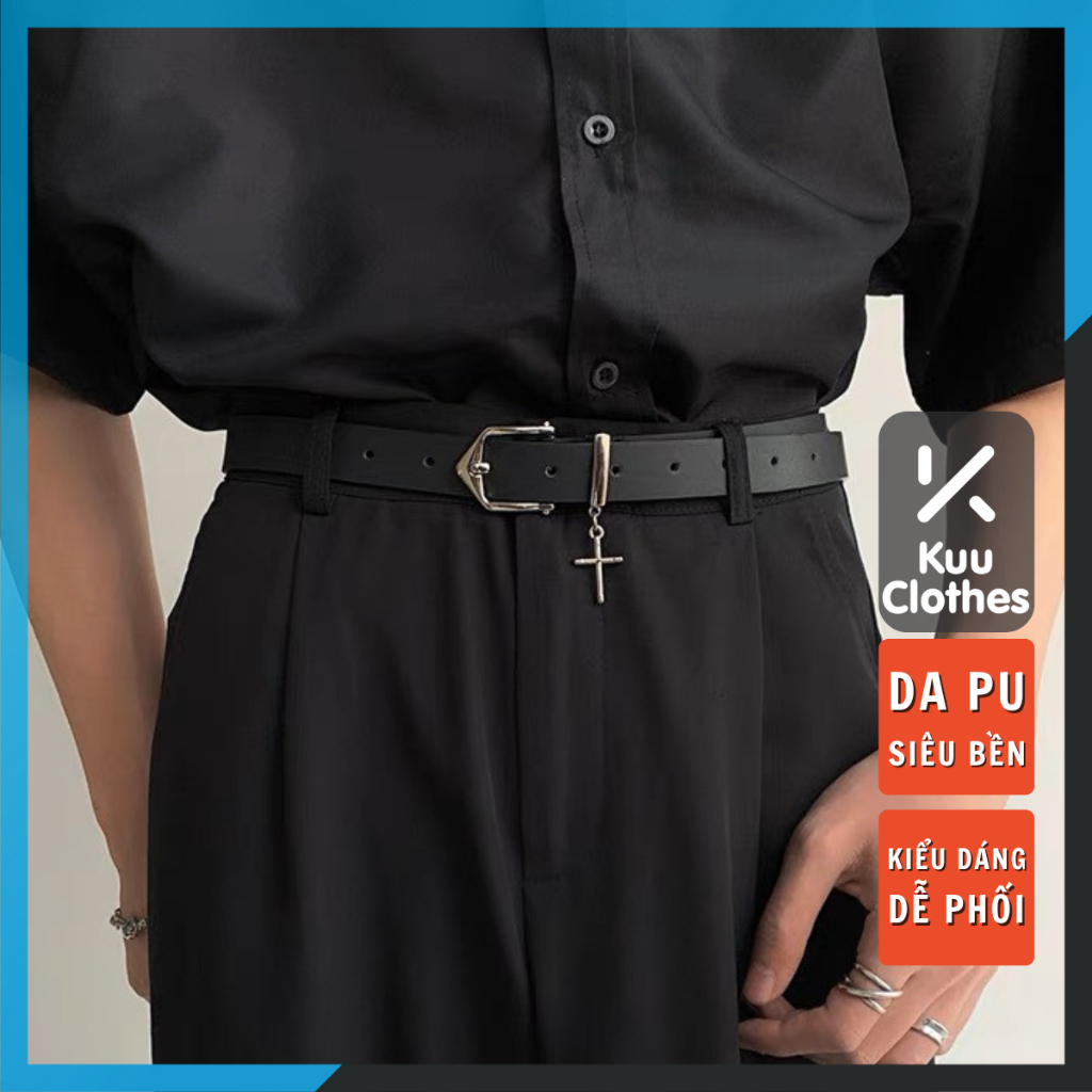 Thắt lưng dây nịt nam nữ unisex da PU chữ thập bản nhỏ mặt kim loại streetstyle KuuClothes - Thắt Lưng Chữ thập