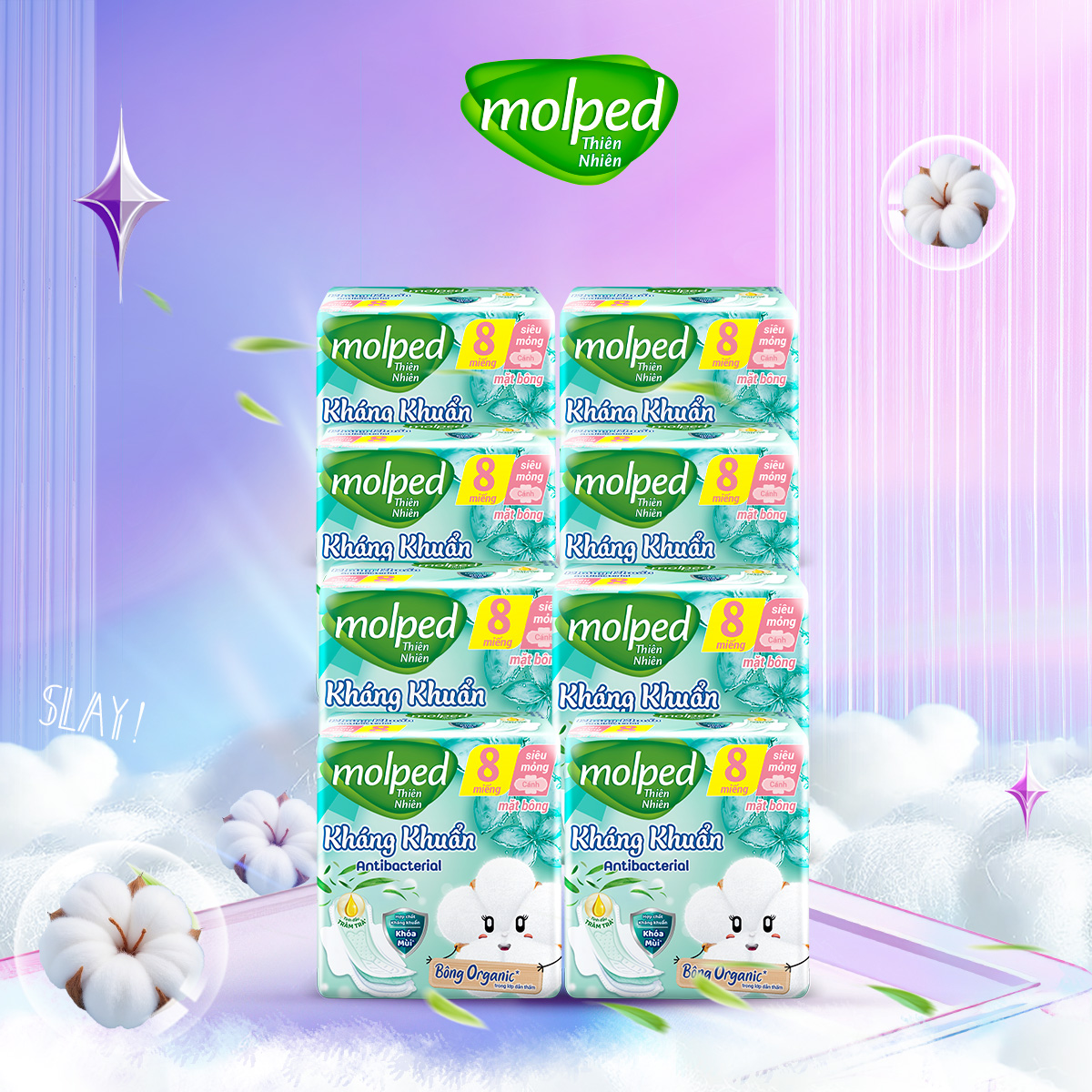  Combo 8 Gói Băng Vệ Sinh Molped Thiên Nhiên Kháng Khuẩn Antibac Siêu Mỏng Có Cánh 23cm - Gói 8 Miếng 