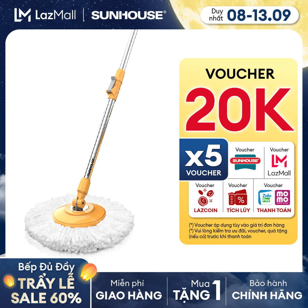 Cây lau nhà xoay 360 độ Sunhouse KS-MO350I - Bông lau bằng sợi Microfiber thấm hút nước tốt - Cán bằng inox 201 có tay cầm bọc nhựa PP chắc chắn - Hàng chính hãng