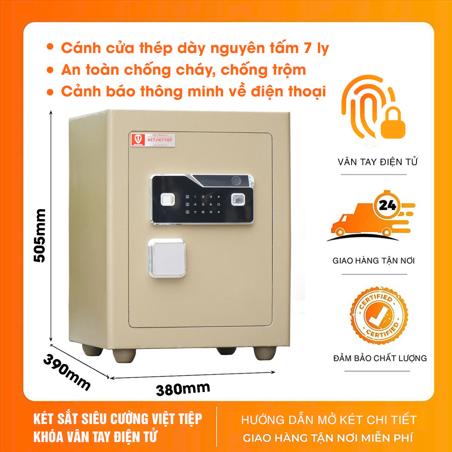 Két sắt siêu cường Việt Tiệp KVTSC558 vân tay điện tử gia đình thép nguyên tấm DÀY GẤP 5 LẦN an toàn chống cháy cao cấp miễn phí vận chuyển toàn quốc