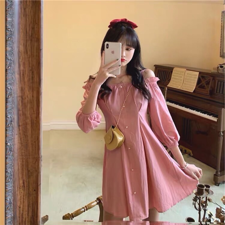 [freeship]đầm nữ dể thương - đầm nữ dự tiệc cưới - đầm nữ dáng xòe - đầm nữ bẹt vai tay phồng dể thương đính nút cườm -Girly store