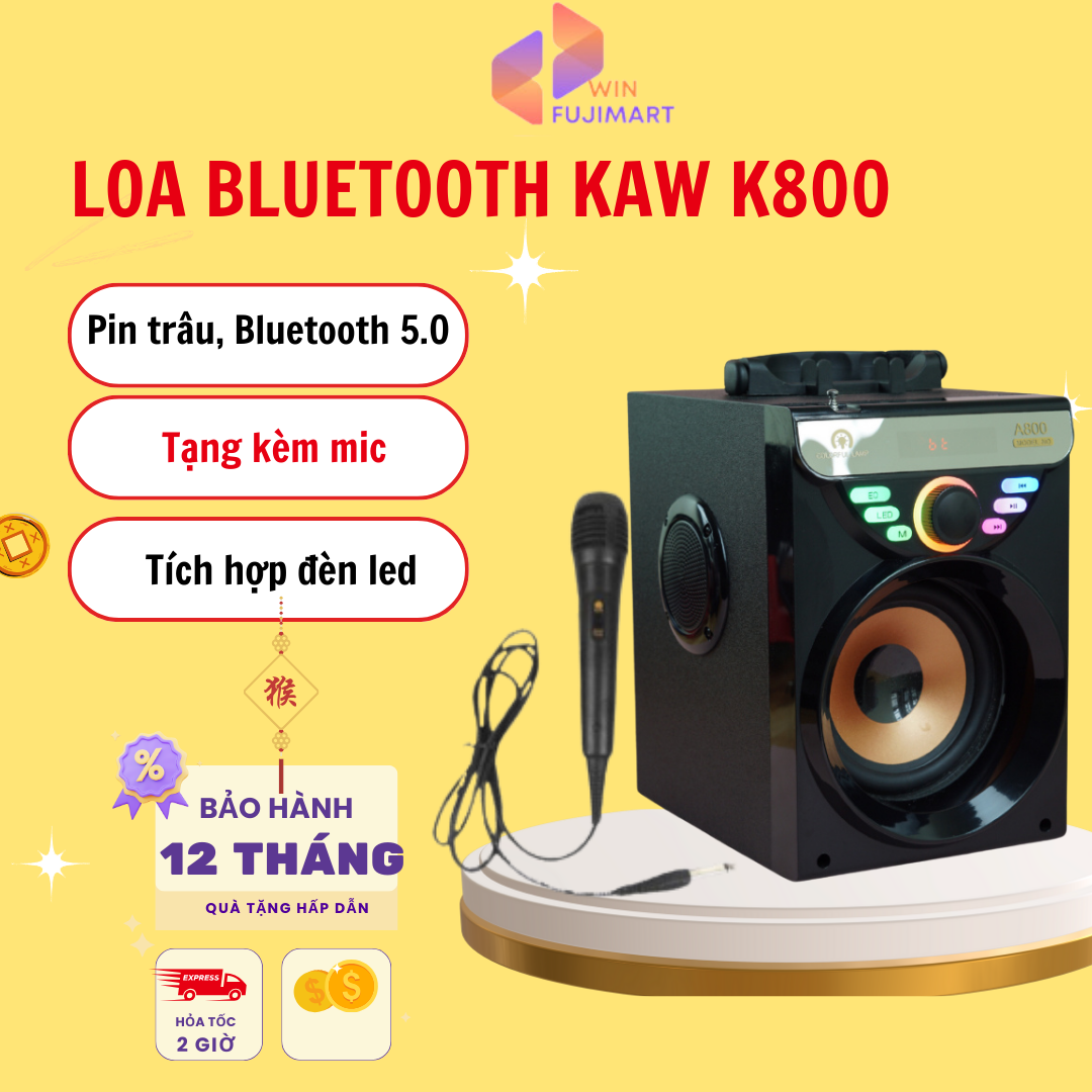 Loa bluetooth mini Kaw-K800 hỗ trợ Bluetooth 5.0, công suất lớn, âm thanh cực hay, pin khủng - Hàng chính hãng- Bảo hành 1 đổi 1