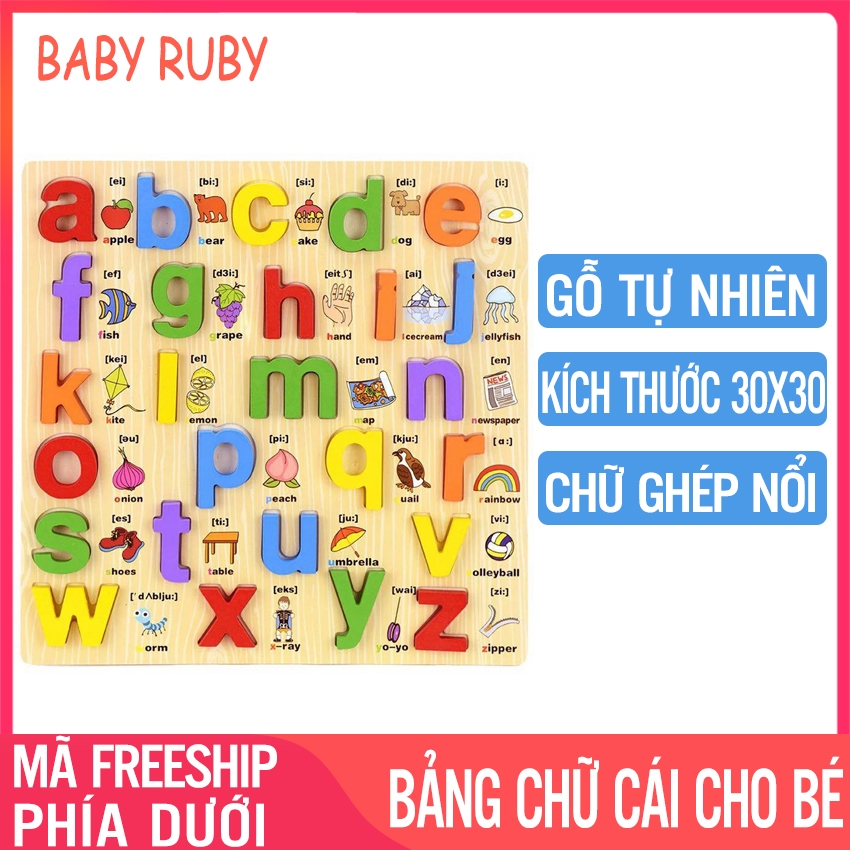Bảng Chữ Cái Cho Bé - Bằng Gỗ, Song Ngữ, In Thường, Chữ Nổi - Bảng chữ cái và sô cho bé, bảng học chữ cái cho bé, bảng chu cai thong minh, bảng chữ cái gỗ, bảng chữ cái tiếng việt, bang chu cai thong minh cho be - Baby Ruby