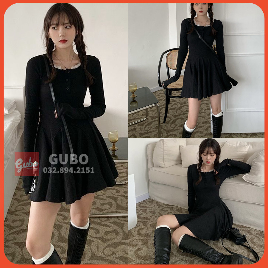 Váy dài tay váy dài tay nữ chữ a ngắn sexy màu đen ulzzang GUBO79022