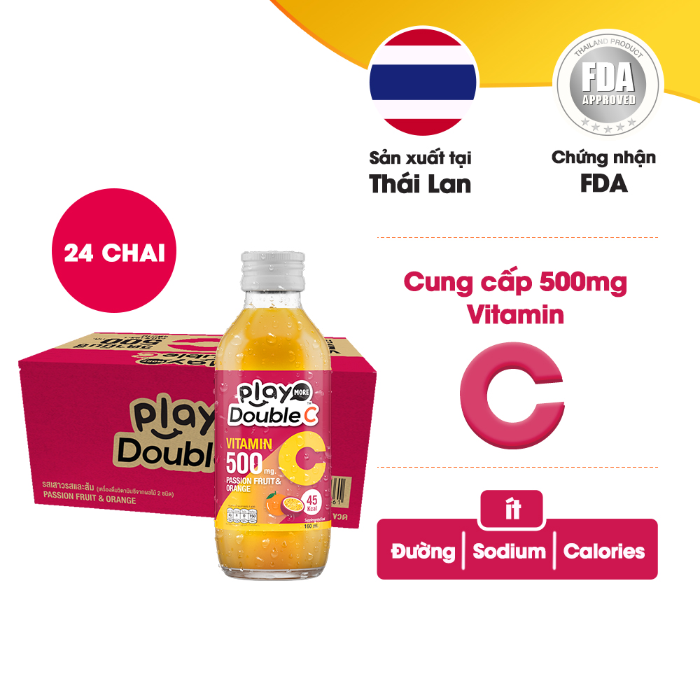 Lốc 6 chai nước vitamin C Thái lan vị chanh dây và cam Playmore Double C 160ml