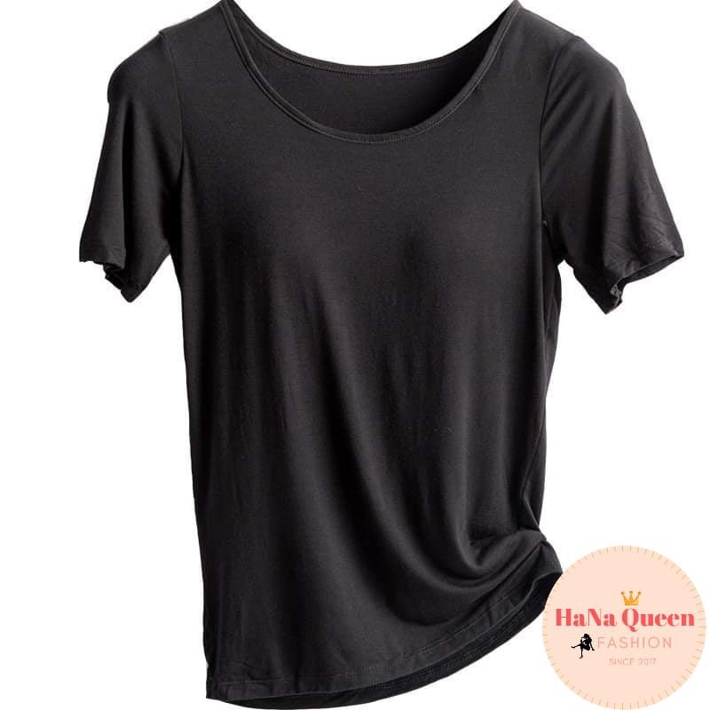 Áo phông nữ cộc tay kèm bra liền, cổ tròn, nhiều màu chất vải cotton thoáng khí thấm hút tốt