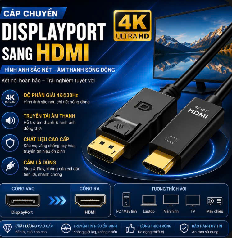 Dây Displayport Sang HDMI Cáp Chuyển 1 Chiều Từ Máy Tính Ra Màn Hình Chính Hãng