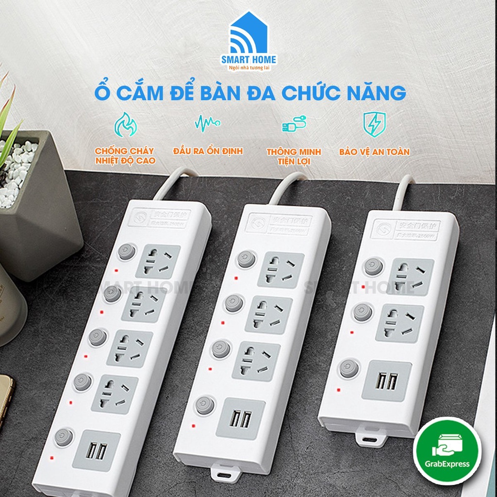 Ổ cắm điện đa năng thông minh, ổ điện an toàn, chống giật, cổng usb 5v, chịu tải 2500w, dây lên đến 4.5m