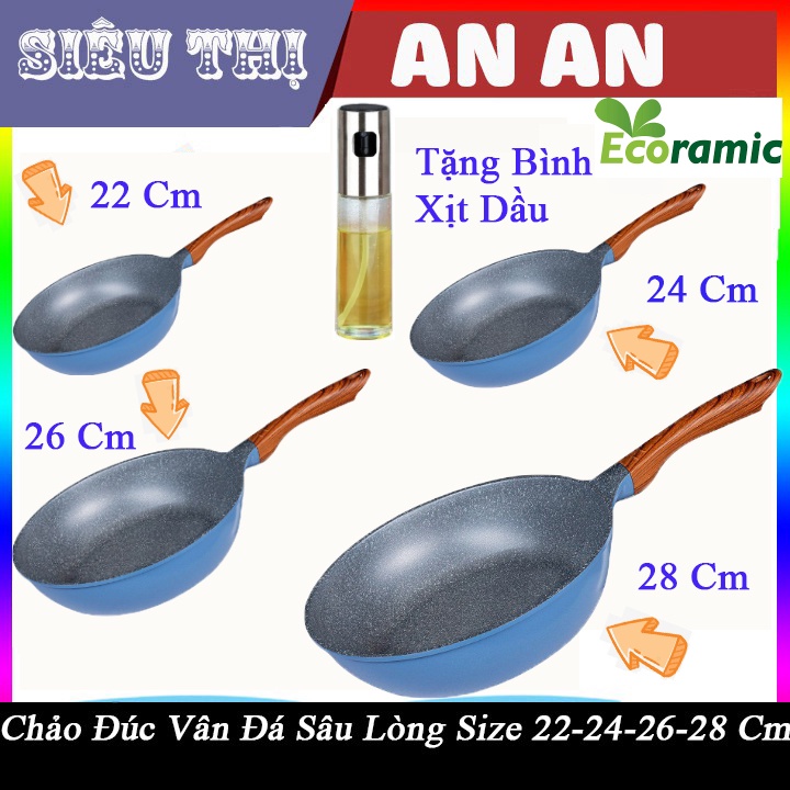 Chảo đúc VÂN ĐÁ sâu lòng  ECORAMIC 22-24-26-28cm tặng bình xịt dầu