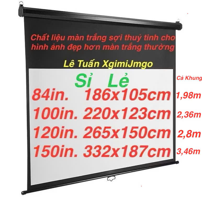 Màn Chiếu Sợi Thuỷ Tinh Trắng Treo Tường Kéo Tay Xịn 84,100,120,150inch 16:9. 2,2 x 1,25m thích hợp mọi máy chiếu Chuẩn màn 16:9. 0984651088