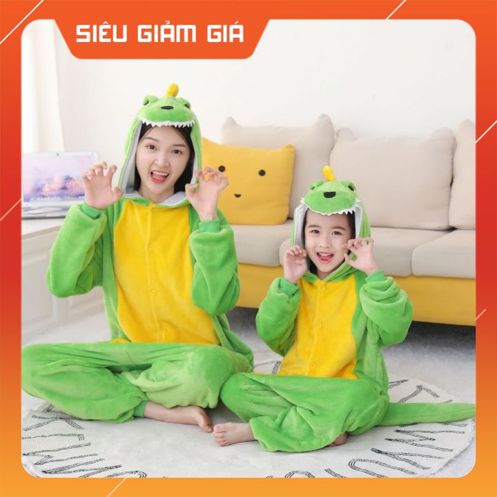 Bộ đồ khủng long xanh lá mạ đủ size trẻ em và người lớn