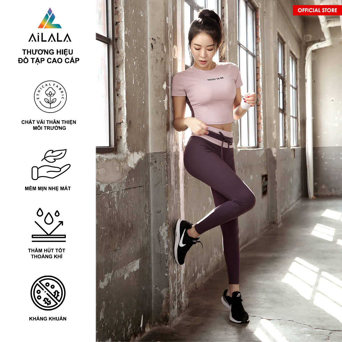 Bộ quần áo thể thao nữ AiLALA HK96B, Đồ tập Yoga Gym Pilates, chất vải Hi