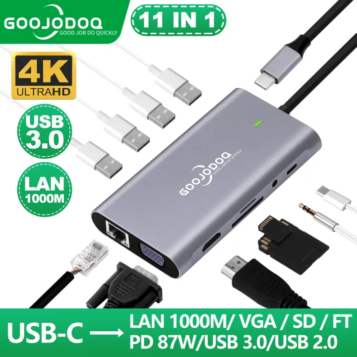 Goojodoq 11 trong 1 nhiều hub usb c đế cắm máy tính xách tay cho dell hp macbook pro tipe c dock hdmi pd 3.0 usb rj45 vga pd aux tf/sd