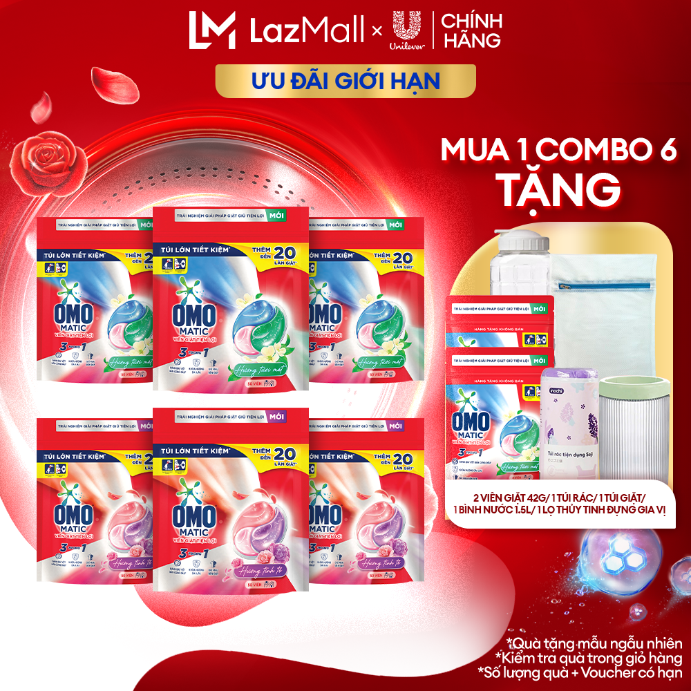 (Livestream) - Combo 6 túi viên giặt tiện lợi OMO 3 trong 1 Hương Tinh Tế/Tươi Mát 30-50 viên/túi (bao bì tùy lô nhập hàng)