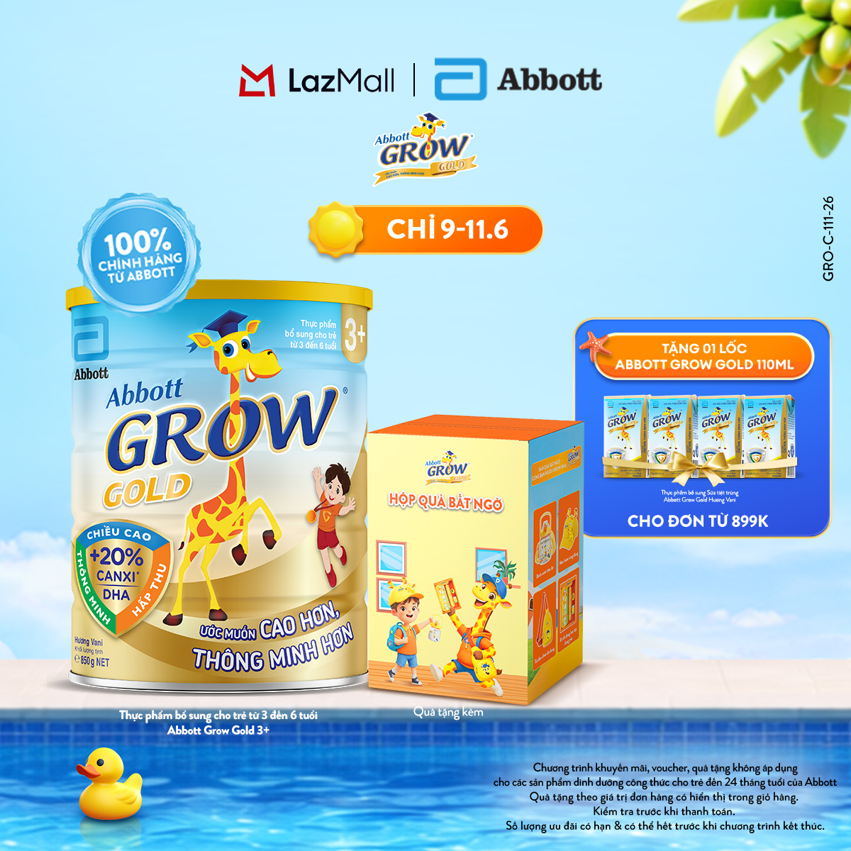 [CHỈ 09-11.06 QUÀ TẶNG CHO ĐH 899K-SLCH] Lon sữa bột Abbott Grow 3+ 800g tặng 1 Hộp quà bất ngờ