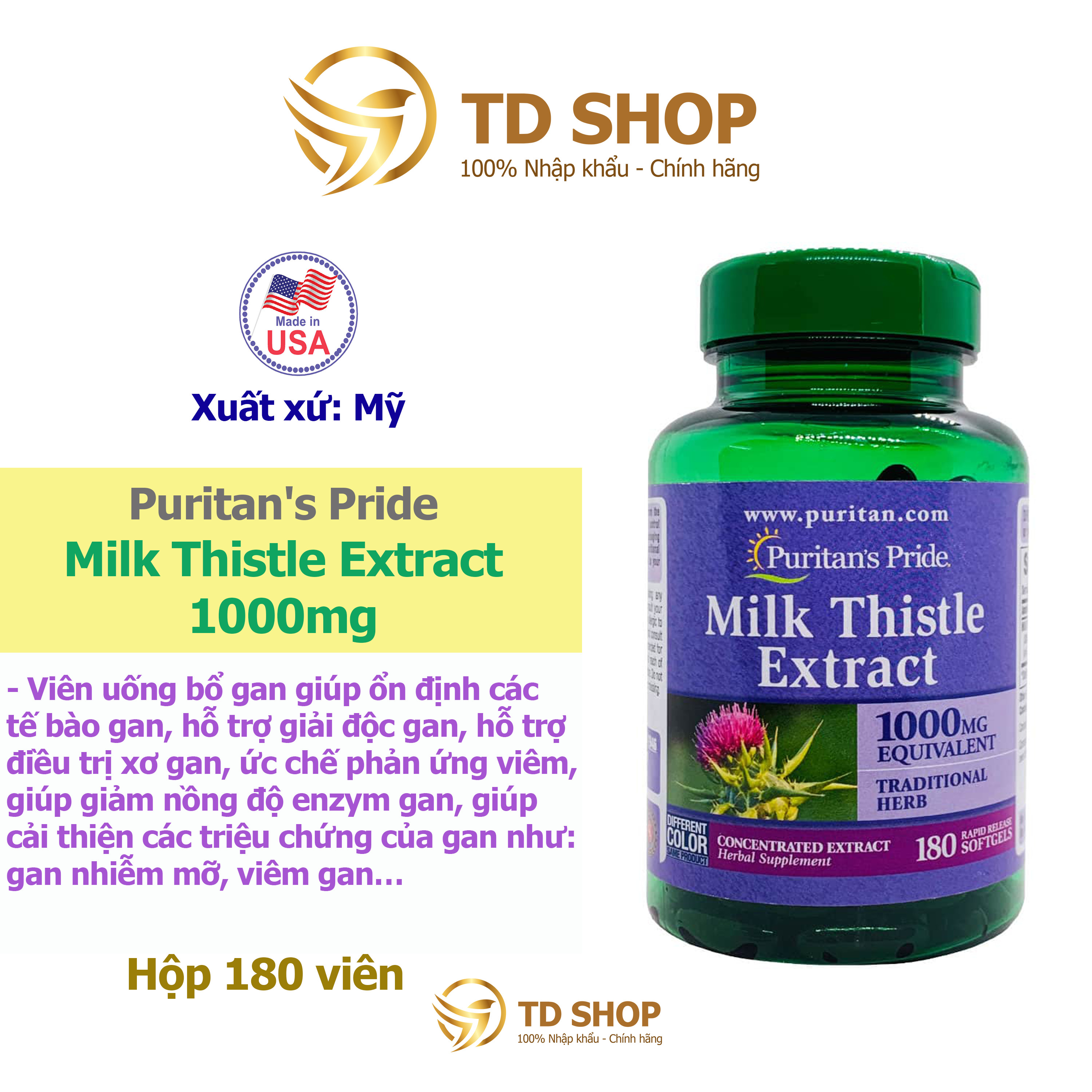 Viên uống tăng cường chức năng gan Milk Thistle Extract 1000mg 180 viên