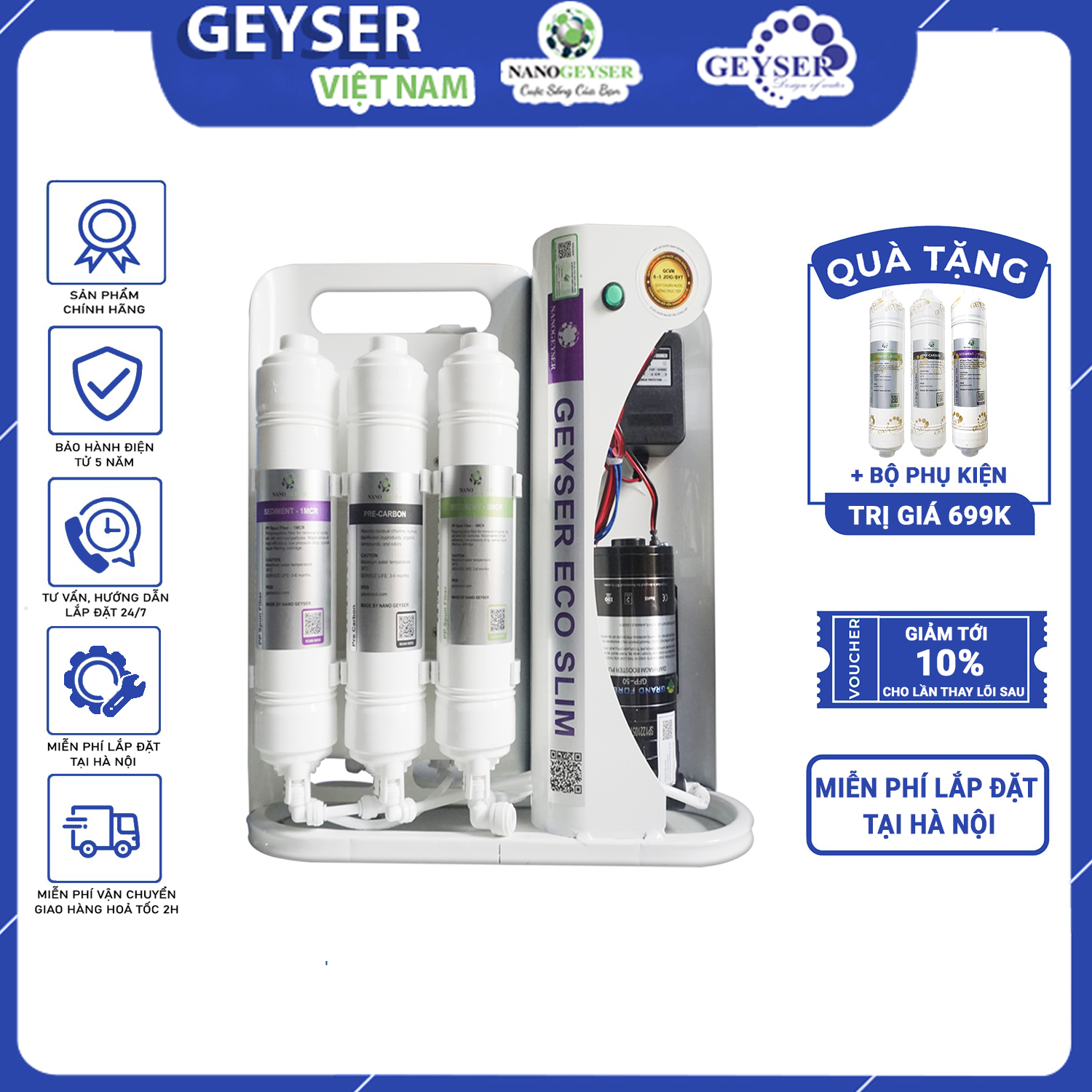 Máy lọc nước geyser eco slim 8 cấp lọc, tặng kèm bộ lọc thô & bộ phụ kiện trị giá 699k