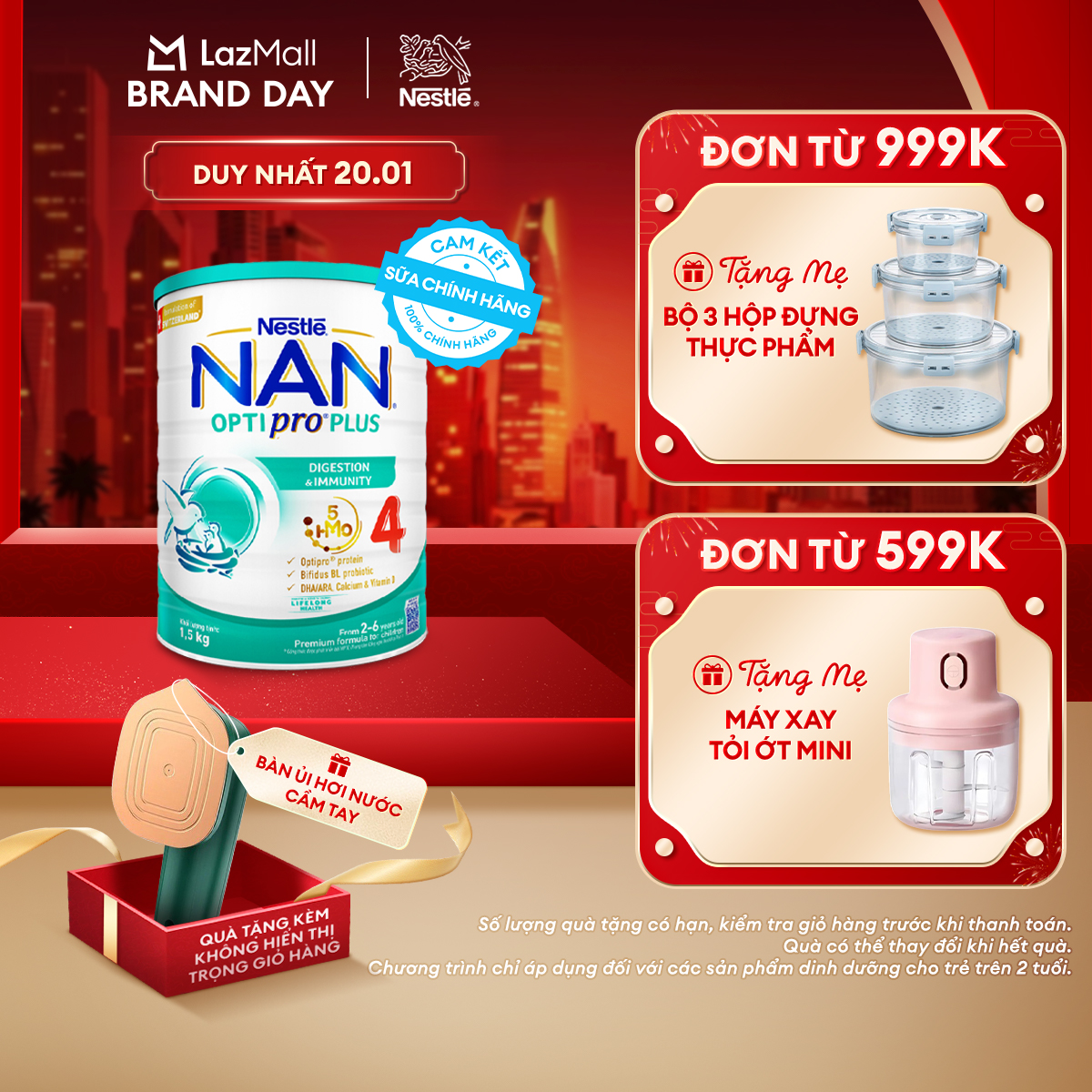 [CHỈ 20.01 QT Đơn 599K/999K] [Tặng bàn ủi hơi nước cầm tay] Lon Sữa bột Nestlé NAN OPTIPRO PLUS 4 với 5HMO xuất xứ Thụy Sĩ - Hộp 1500g cho bé từ 2 - 6 tuổi - Sữa công thức dinh dưỡng cho trẻ giúp hỗ trợ tiêu hóa, đề kháng, trí não