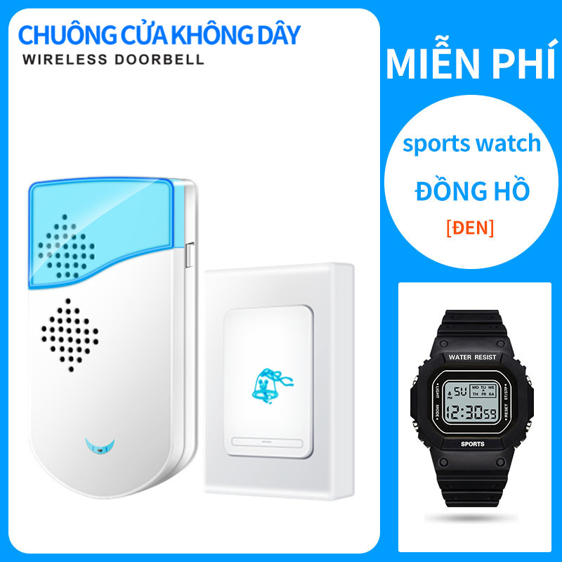 Chuông cửa không dây khoảng cách 30m chống nước 36 kiểu chuông 3 mức âm lượng Thiết kế dễ lắp đặt Đồng hồ điện tử thời trang miễn phí